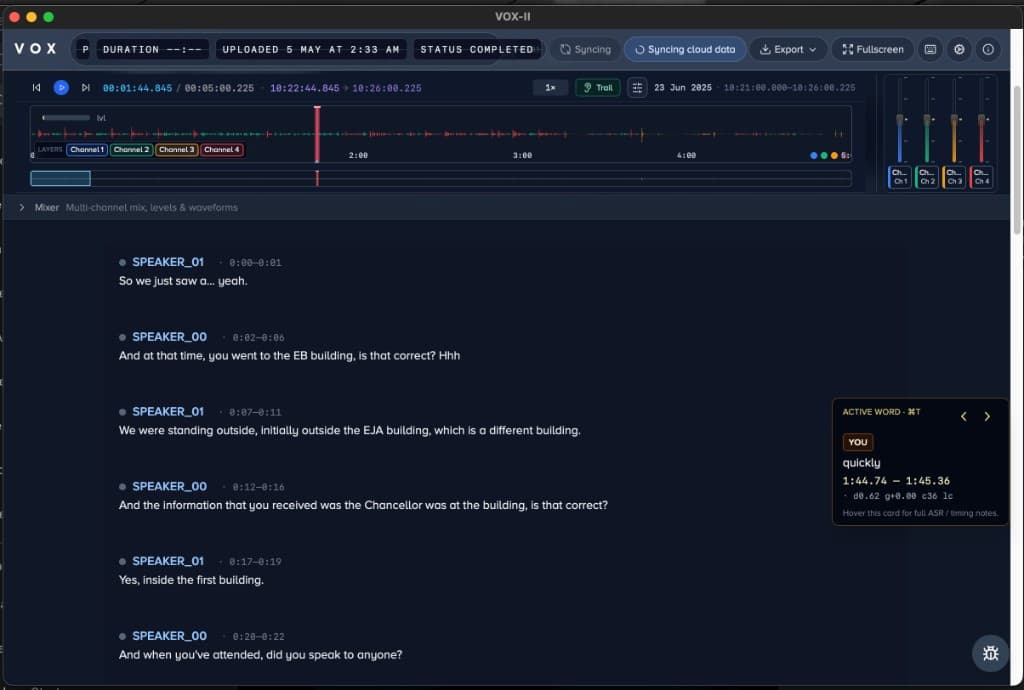 Vox transcript editor showing waveform and synchronised dialogue
